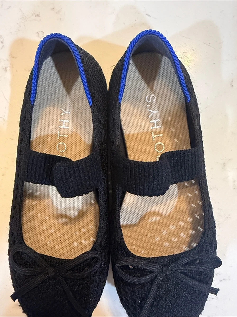 Rothy's Kids Black Knit Mary Jane Flats with Blue Trim